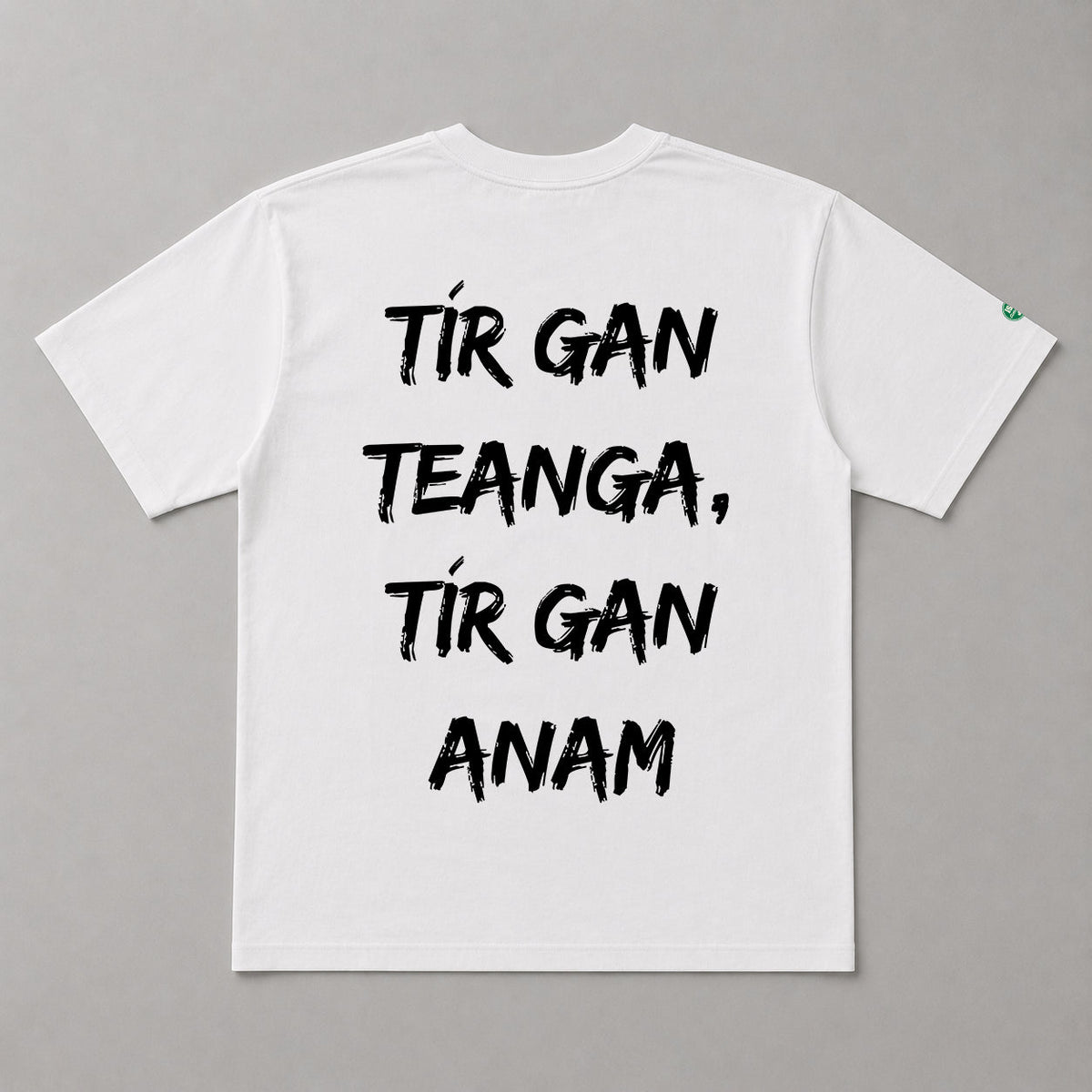 Aigne Ghaelach white Irish language T-shirt with Gaeilge graphic on the back