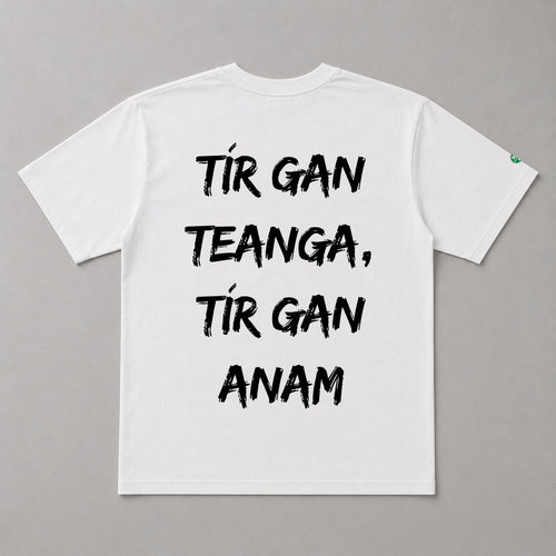 Aigne Ghaelach white Irish language T-shirt with Gaeilge graphic on the back