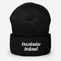 Decolonise Ireland black knit beanie with white embroidered design