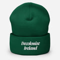 Decolonise Ireland green knit beanie with white embroidered design