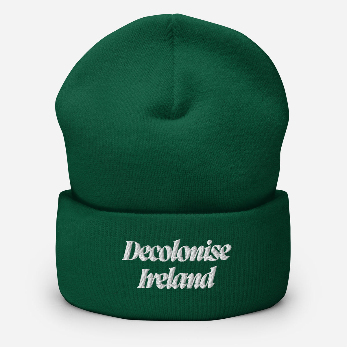 Decolonise Ireland green knit beanie with white embroidered design